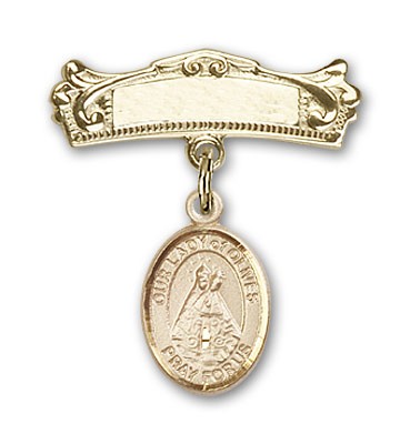 Pin Badge with Our Lady of Olives Charm and Arched Polished Engravable Badge Pin - Gold Tone
