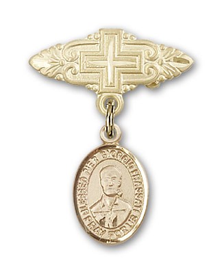 Pin Badge with Blessed Pier Giorgio Frassati Charm and Badge Pin with Cross - 14K Solid Gold
