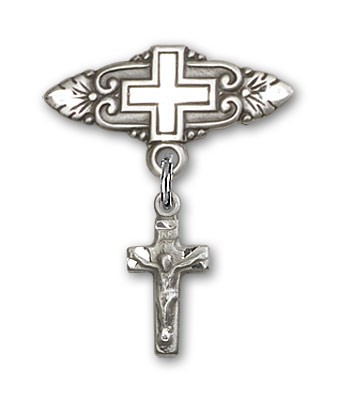 Pin Badge with Crucifix Charm and Badge Pin with Cross - Silver tone