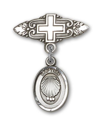 Baby Pin with Baptism Charm and Badge Pin with Cross - Sterling Silver