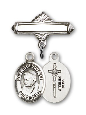 Pin Badge with Pope Benedict XVI Charm and Polished Engravable Badge Pin - Silver tone