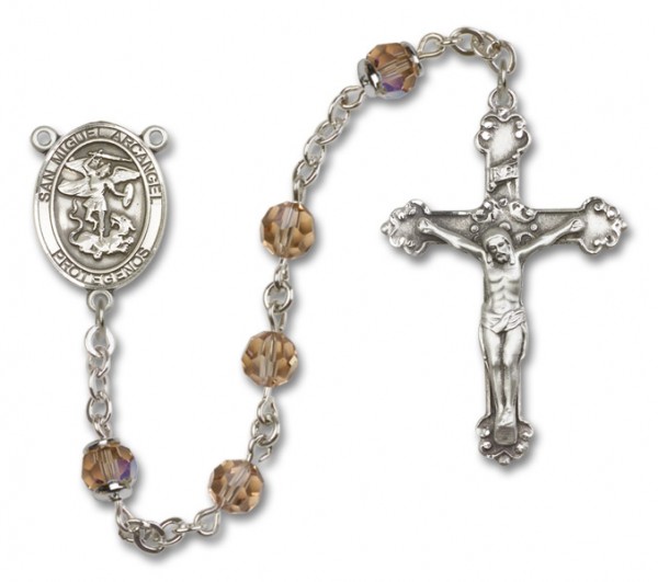San Miguel the Archangel Sterling Silver Heirloom Rosary Fancy Crucifix - Topaz