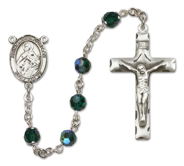 St. Maria Goretti Sterling Silver Heirloom Rosary Squared Crucifix - Emerald Green
