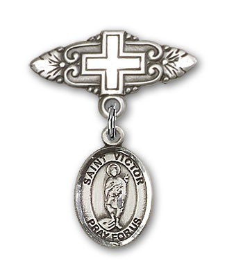Pin Badge with St. Victor of Marseilles Charm and Badge Pin with Cross - Silver tone