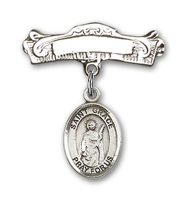 Pin Badge with St. Grace Charm and Arched Polished Engravable Badge Pin - Silver tone