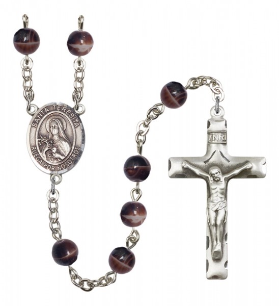 Men's Santa Teresita Silver Plated Rosary - Brown