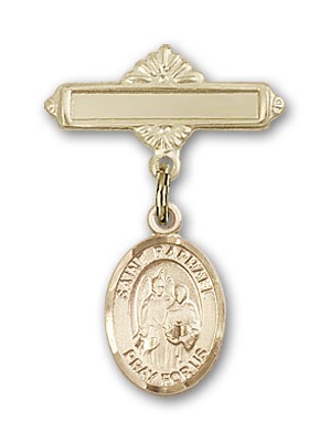 Pin Badge with St. Raphael the Archangel Charm and Polished Engravable Badge Pin - Gold Tone