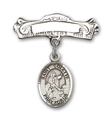 Pin Badge with St. Colette Charm and Arched Polished Engravable Badge Pin - Silver tone