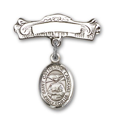 Pin Badge with St. Catherine Laboure Charm and Arched Polished Engravable Badge Pin - Silver tone