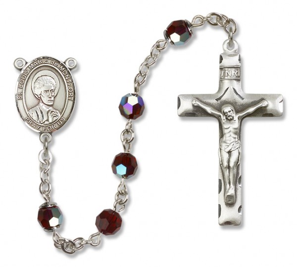 St. Louis Marie de Montfort Sterling Silver Heirloom Rosary Squared Crucifix - Garnet