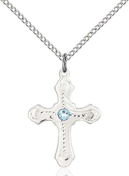 Youth Cross Pendant with Dotted Etching with Birthstone Options - Aqua
