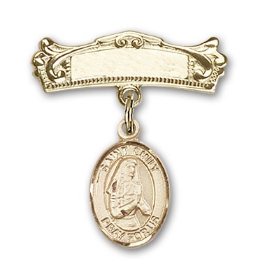 Pin Badge with St. Emily de Vialar Charm and Arched Polished Engravable Badge Pin - Gold Tone