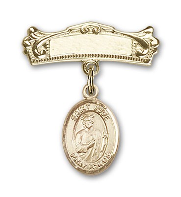 Pin Badge with St. Jude Thaddeus Charm and Arched Polished Engravable Badge Pin - Gold Tone