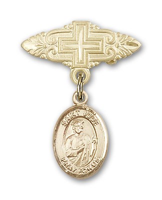 Pin Badge with St. Jude Thaddeus Charm and Badge Pin with Cross - 14K Solid Gold