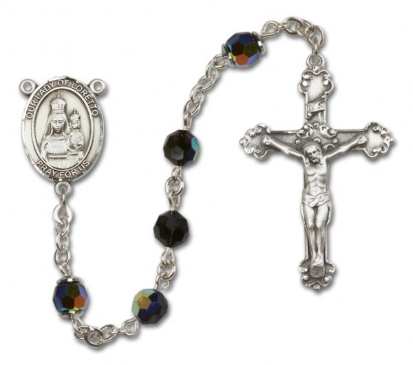 Our Lady of Loretto Sterling Silver Heirloom Rosary Fancy Crucifix - Black