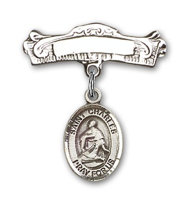 Pin Badge with St. Charles Borromeo Charm and Arched Polished Engravable Badge Pin - Silver tone