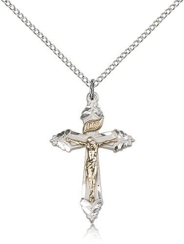Women's Leaf Etched Crucifix Medal Two-Tone - Two-Tone