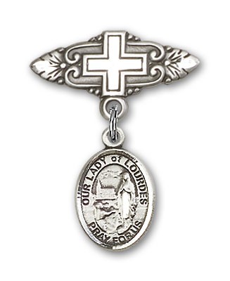 Pin Badge with Our Lady of Lourdes Charm and Badge Pin with Cross - Silver tone