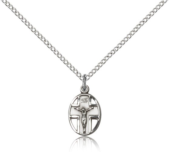 Small Cut-Out Oval Cross and Crucifix Pendant - Sterling Silver