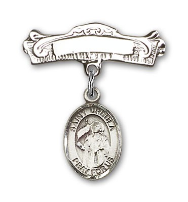 Pin Badge with St. Ursula Charm and Arched Polished Engravable Badge Pin - Silver tone