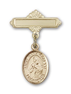 Pin Badge with St. Maria Goretti Charm and Polished Engravable Badge Pin - 14K Solid Gold