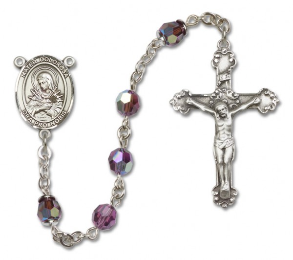 Mater Dolorosa Sterling Silver Heirloom Rosary Fancy Crucifix - Amethyst