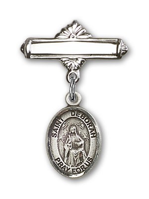 Pin Badge with St. Deborah Charm and Polished Engravable Badge Pin - Silver tone