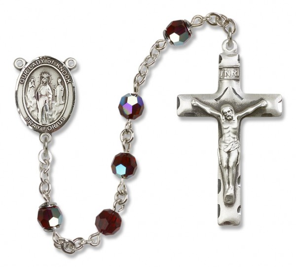 Our Lady of Knock Sterling Silver Heirloom Rosary Squared Crucifix - Garnet