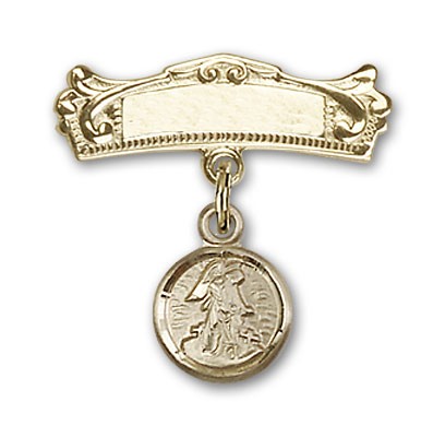 Baby Pin with Guardian Angel Charm and Arched Polished Engravable Badge Pin - 14K Solid Gold