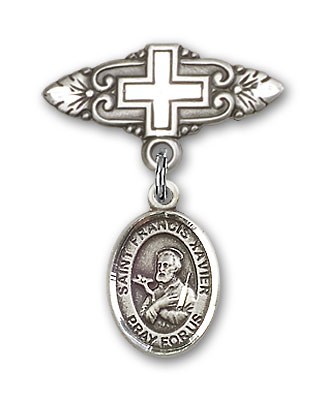 Pin Badge with St. Francis Xavier Charm and Badge Pin with Cross - Silver tone