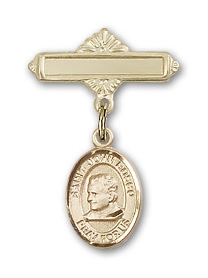 Pin Badge with St. John Bosco Charm and Polished Engravable Badge Pin - Gold Tone