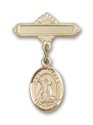 Pin Badge with St. Bridget of Sweden Charm and Polished Engravable Badge Pin - Gold Tone