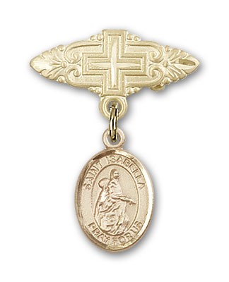 Pin Badge with St. Isabella of Portugal Charm and Badge Pin with Cross - 14K Solid Gold