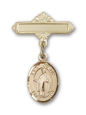 Pin Badge with St. Justin Charm and Polished Engravable Badge Pin - 14K Solid Gold
