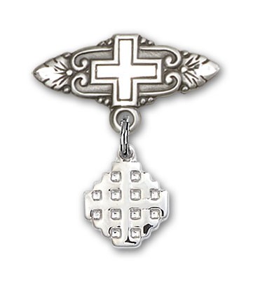 Pin Badge with Jerusalem Cross Charm and Badge Pin with Cross - Silver tone