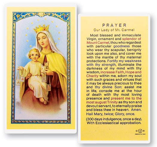 Our Lady of Mt. Carmel Laminated Prayer Card - 25 Cards Per Pack .80 per card