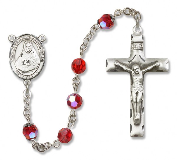 St. Rose Philippine Sterling Silver Heirloom Rosary Squared Crucifix - Ruby Red