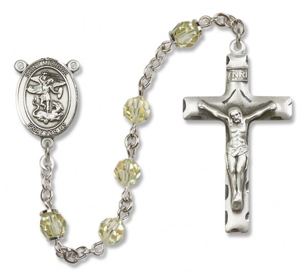 St. Michael the Archangel Sterling Silver Heirloom Rosary Squared Crucifix - Zircon