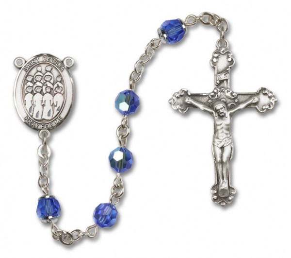 St. Cecilia with Choir Sterling Silver Heirloom Rosary Fancy Crucifix - Sapphire
