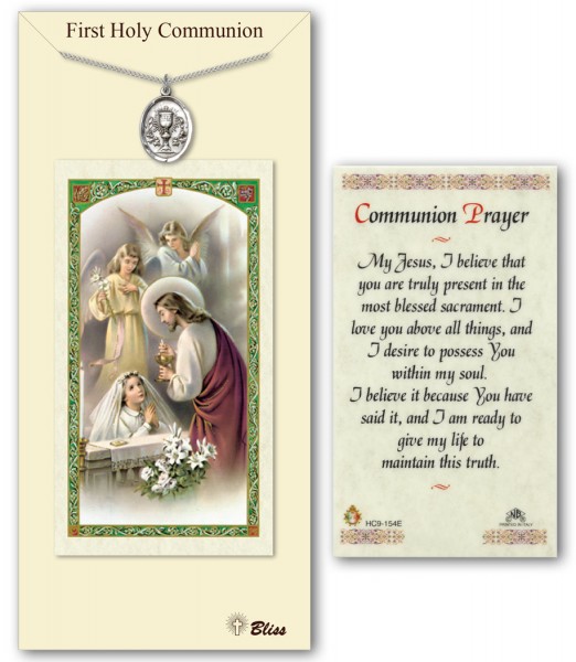 Chalice Medal in Pewter with First Holy Communion Prayer Card - Silver tone