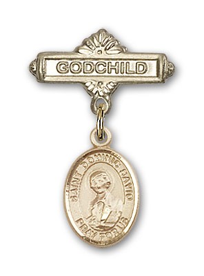 Pin Badge with St. Dominic Savio Charm and Godchild Badge Pin - 14K Solid Gold