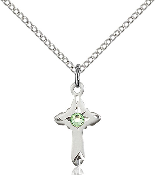 Child's Pointed Edge Cross Pendant with Birthstone Options - Peridot