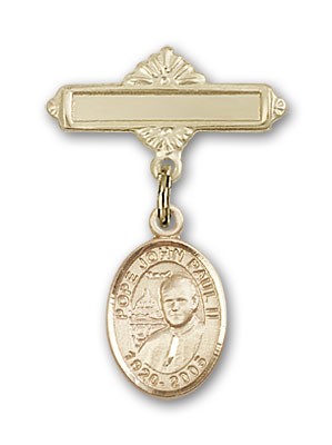 Pin Badge with Pope John Paul II Charm and Polished Engravable Badge Pin - 14K Solid Gold