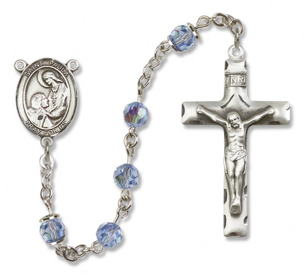 St. Paula Sterling Silver Heirloom Rosary Squared Crucifix - Light Sapphire