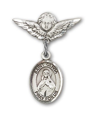 Pin Badge with St. Olivia Charm and Angel with Smaller Wings Badge Pin - Silver tone