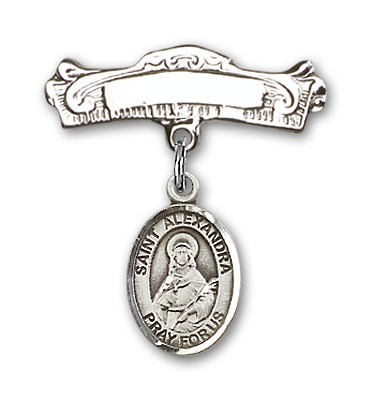 Pin Badge with St. Alexandra Charm and Arched Polished Engravable Badge Pin - Silver tone