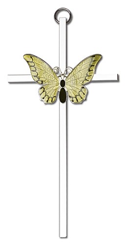 Resurrection Butterfly Wall Cross in Yellow 6&quot; - Silver tone