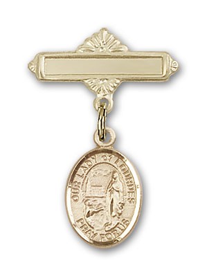 Pin Badge with Our Lady of Lourdes Charm and Polished Engravable Badge Pin - Gold Tone