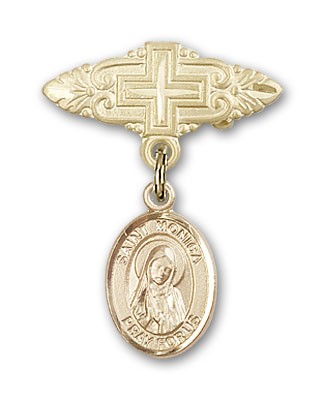 Pin Badge with St. Monica Charm and Badge Pin with Cross - 14K Solid Gold