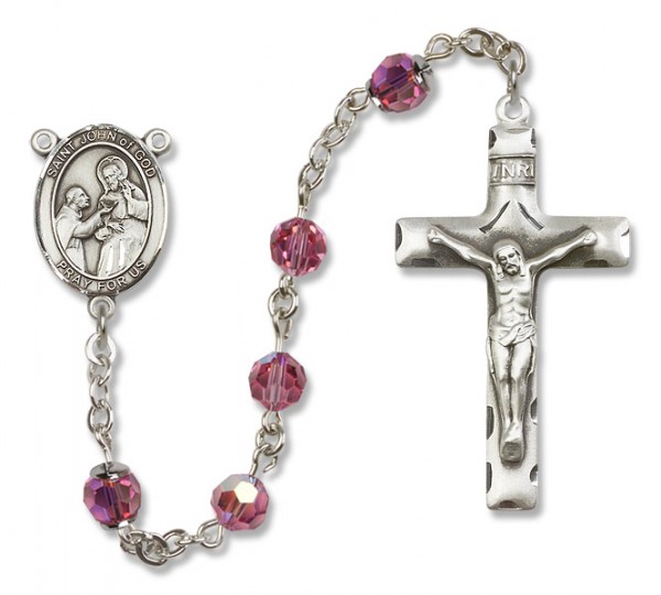 St. John of God Sterling Silver Heirloom Rosary Squared Crucifix - Rose